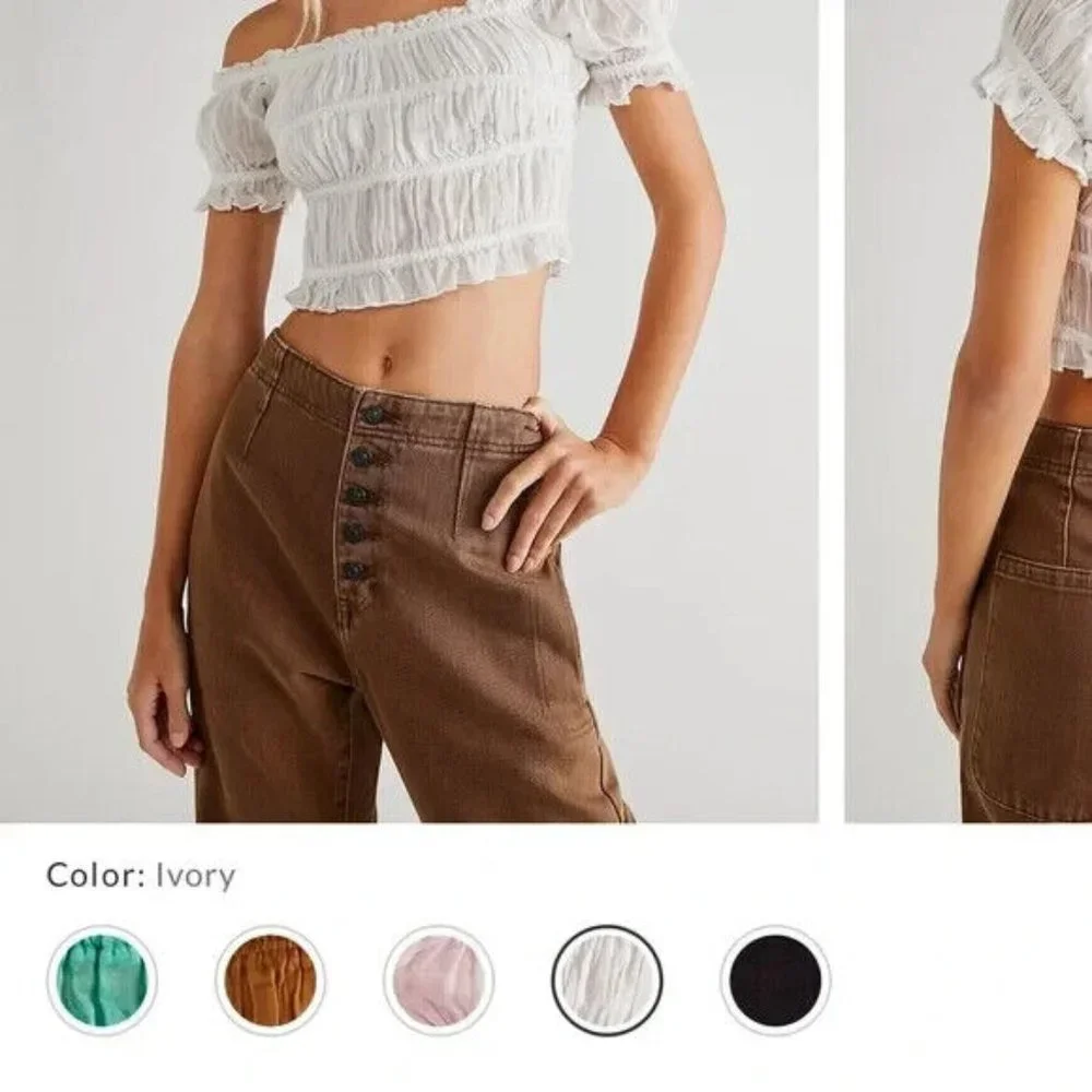 Free People FP One Cheri Top Smocked Cropped Ivory Off The Shoulder L
